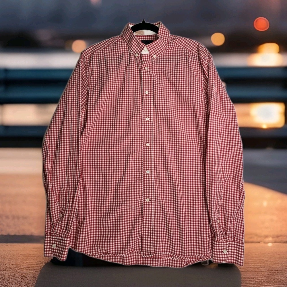 H&M Red and White Plaid dress‎ shirt button down long sleeve SZ: LARGE EUC